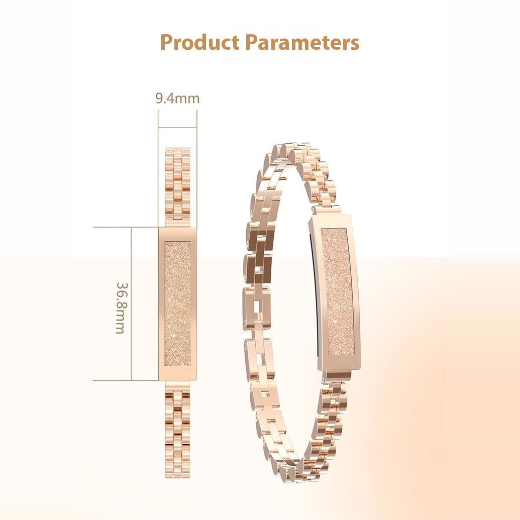 Rose gold bracelet with measurement details on a white background