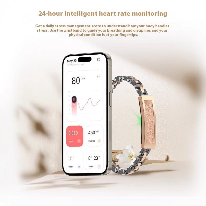 Smartphone displaying heart rate monitoring app with a smartwatch on a light background