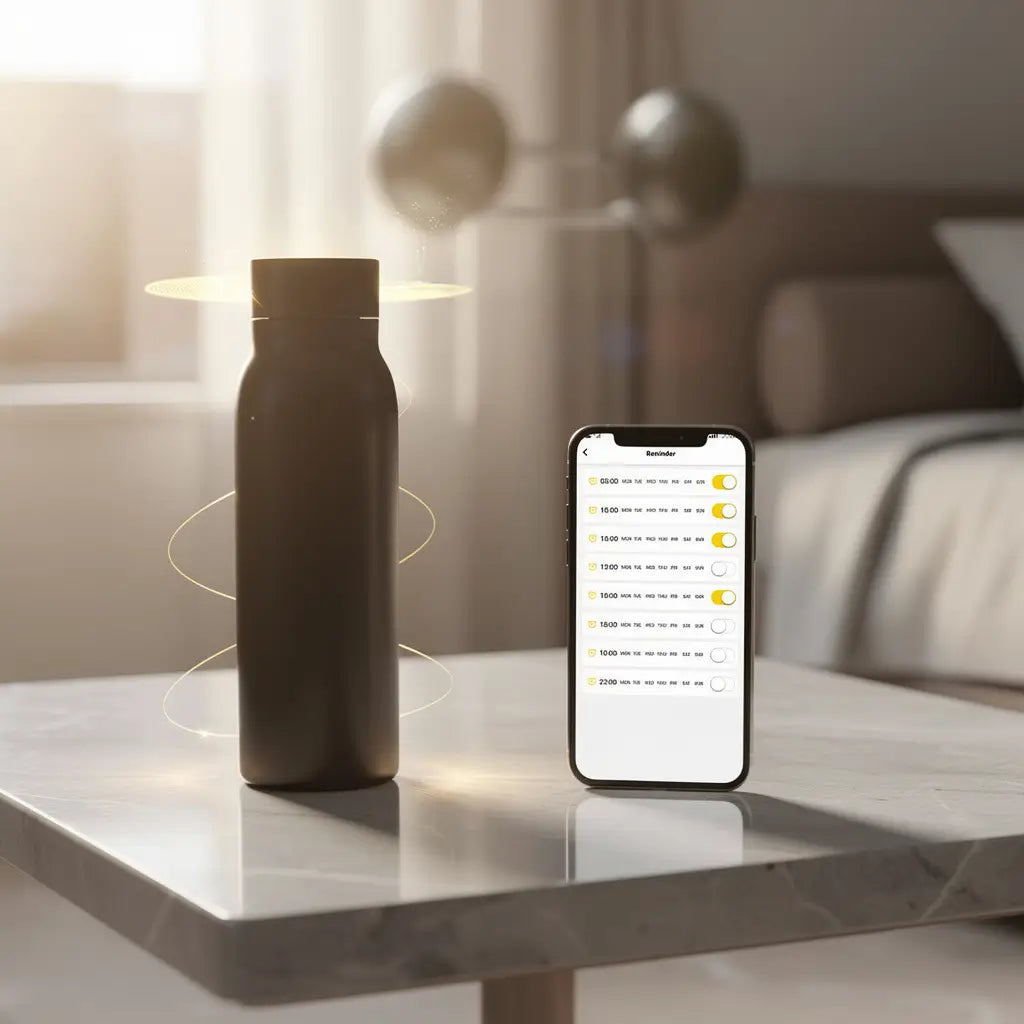 Smart water bottle and smartphone on a table with blurred living room background