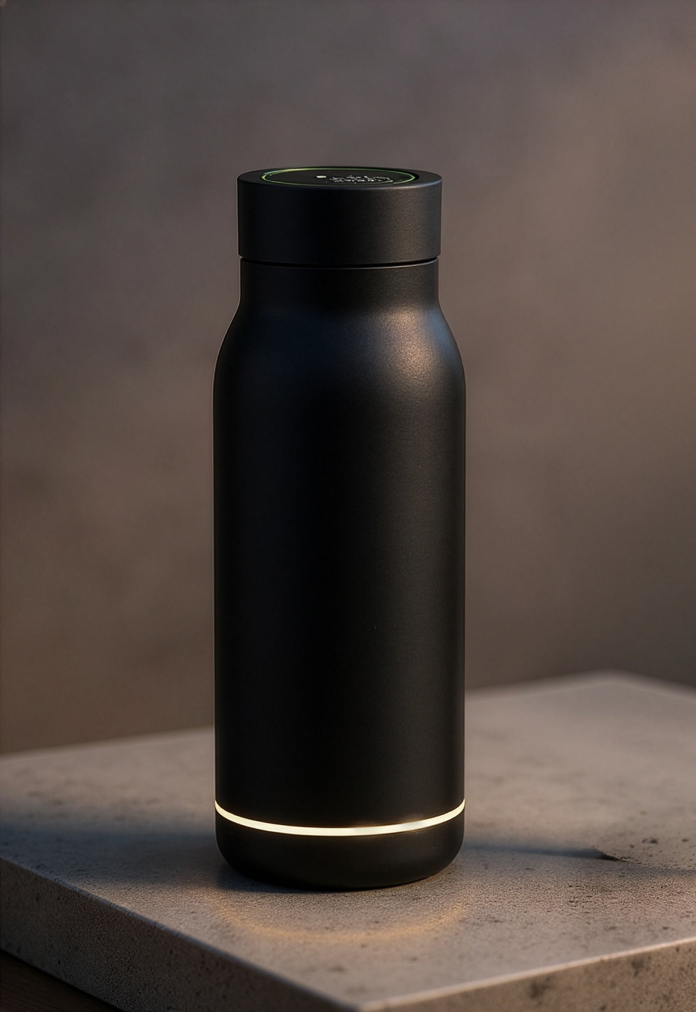Black insulated bottle with glowing base on a gray surface