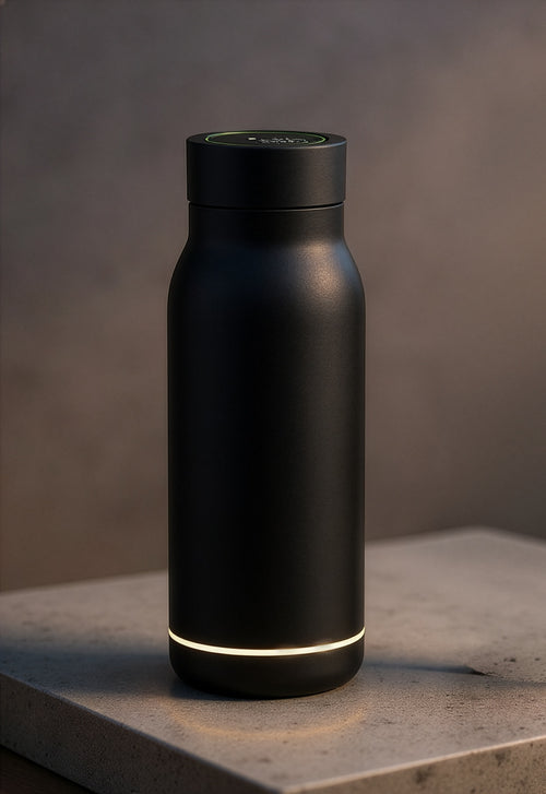 Black insulated bottle with glowing base on a gray surface