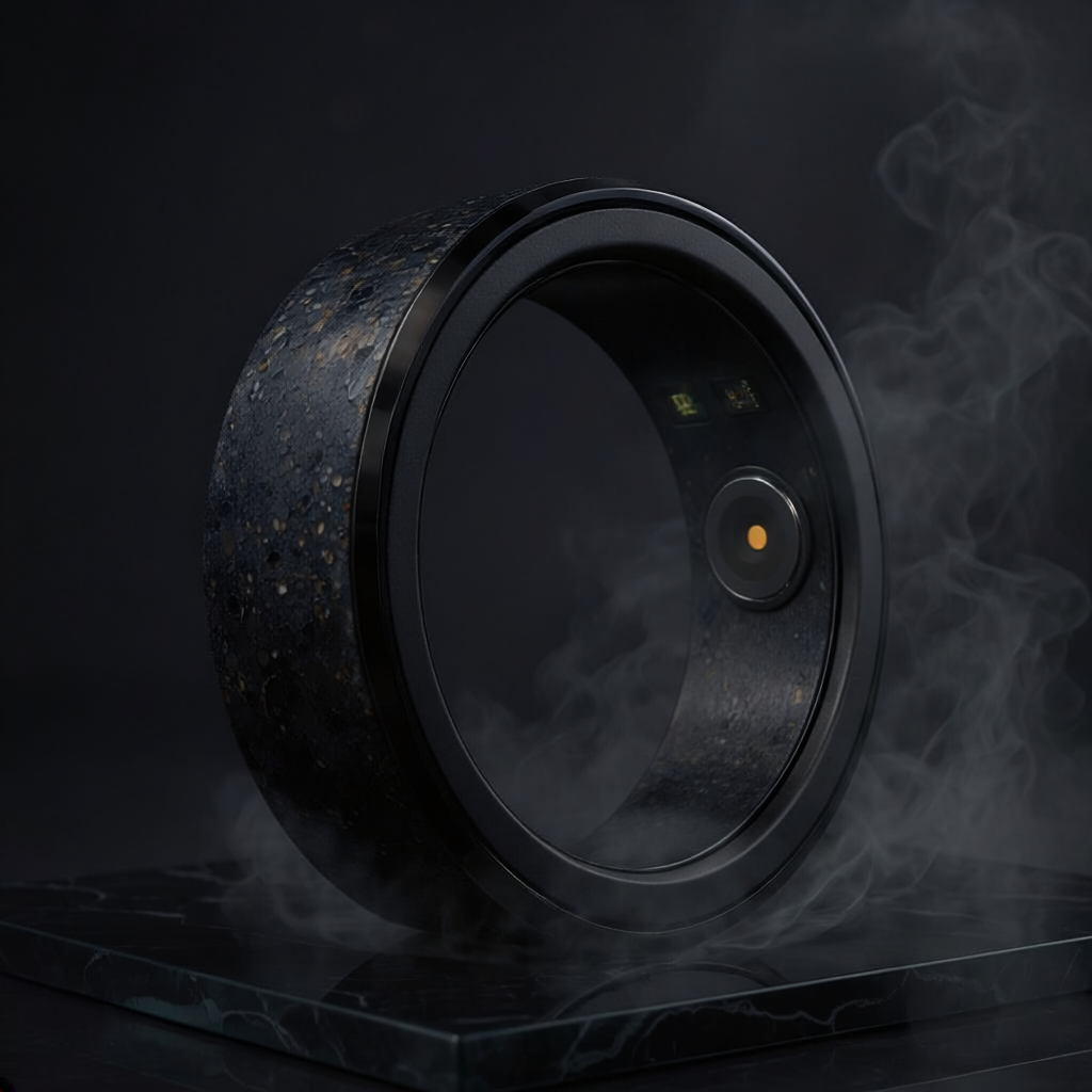 Black circular object with textured surface on a dark background