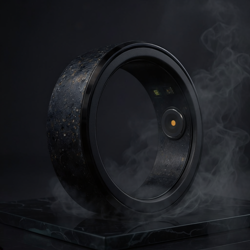 Black circular object with textured surface on a dark background
