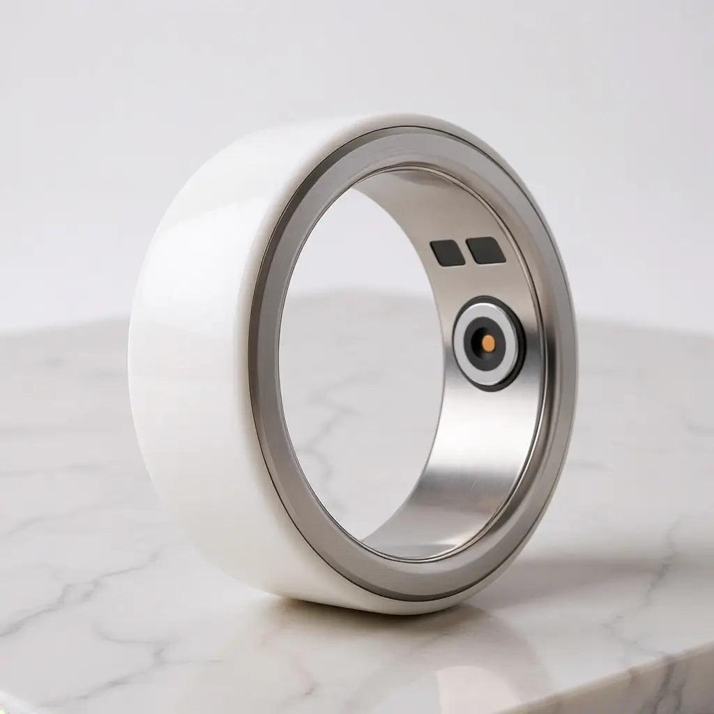 White and silver electronic device on a marble surface