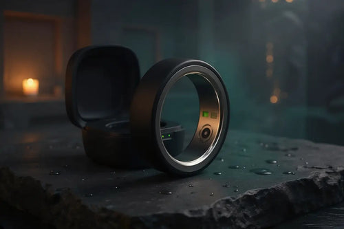 Black circular device on a dark surface with a blurred background