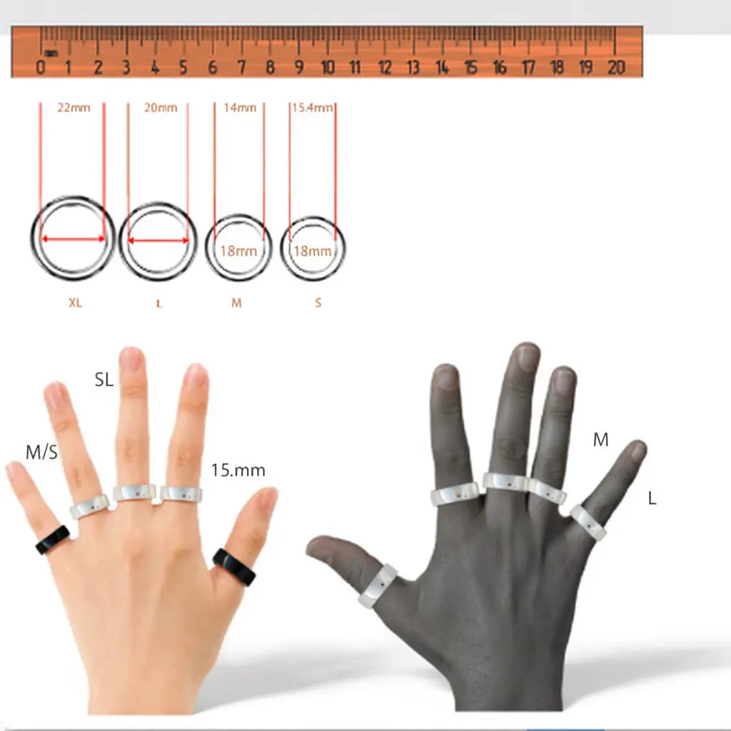 Ring size chart with hands wearing rings and a ruler for measurement.