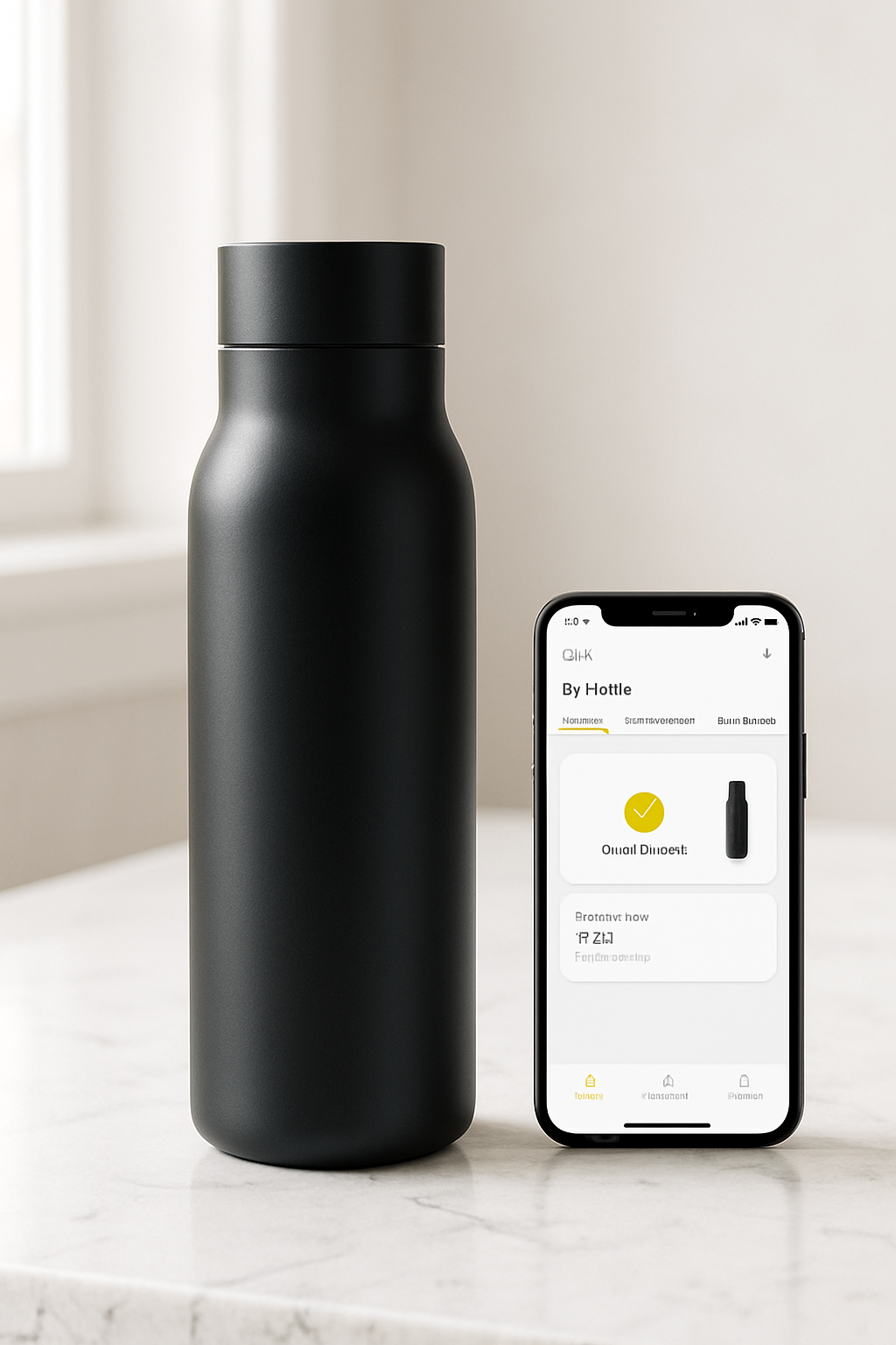 Black water bottle and smartphone with app interface on a light surface