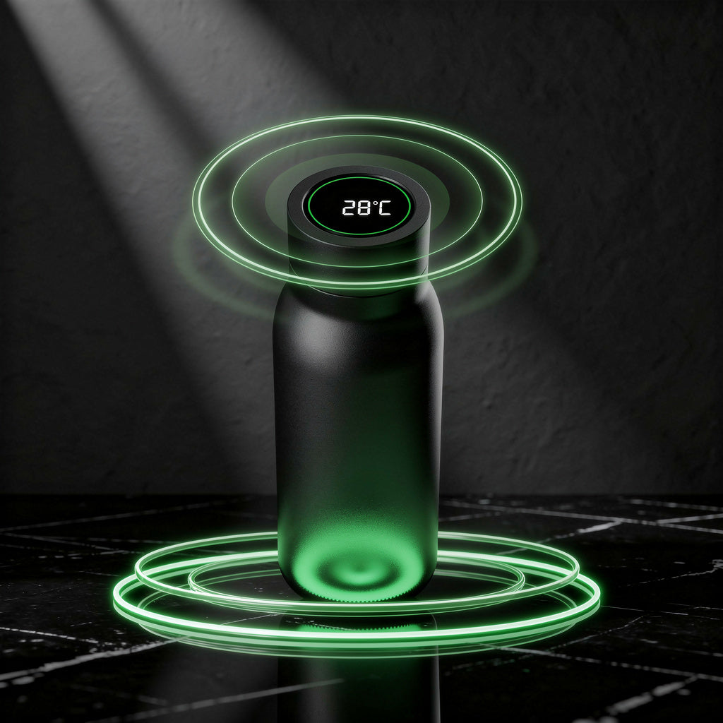 Black electronic device with digital display and green glowing circles on a dark background